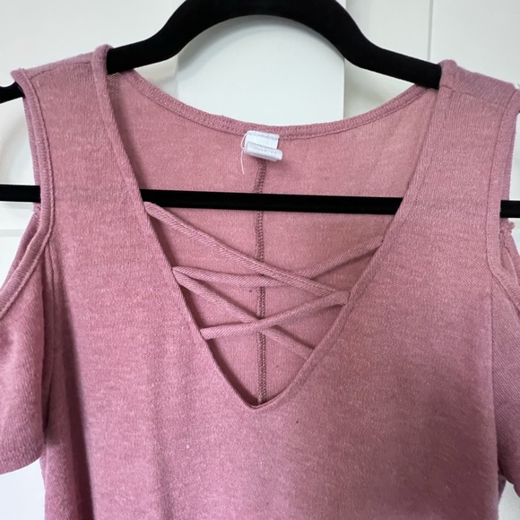 Pink Blush V-Neck Open Shoulder Sweater Tunic Mini Dress - Picture 3 of 7